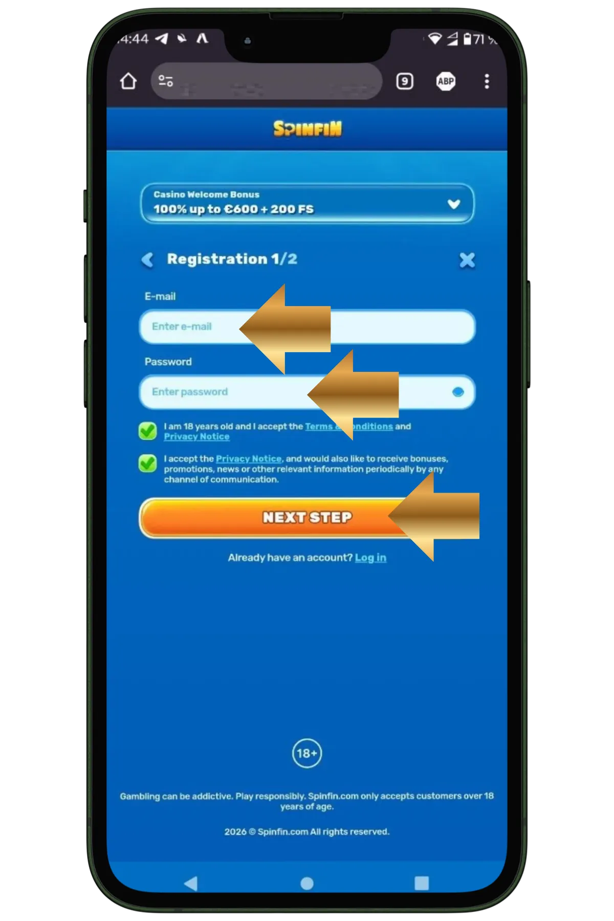 Create a Username and Password at Spinfin Casino