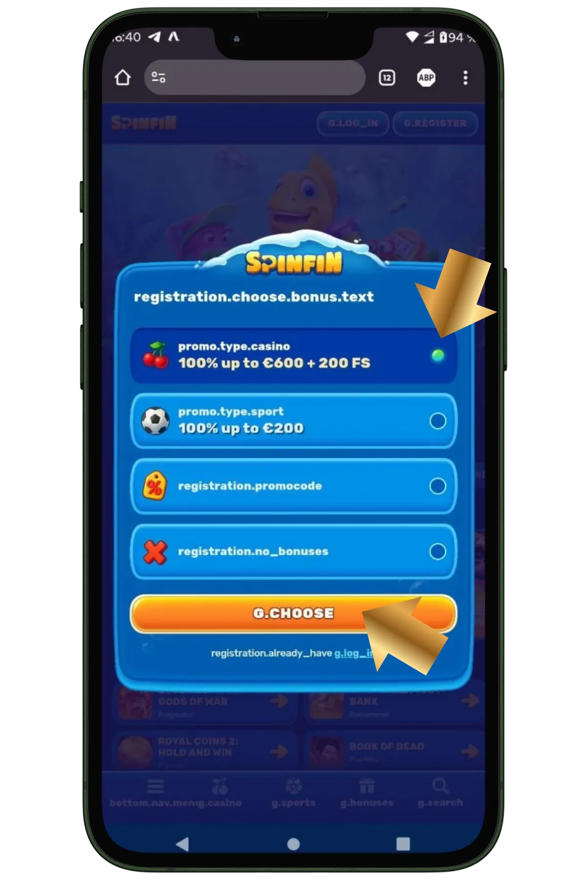 Select Bonus at Spinfin Casino